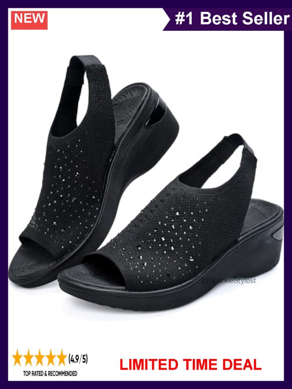 Rhinestone Knit Wedge Sandals Arch Support Orthopedic Summer Walking Shoes